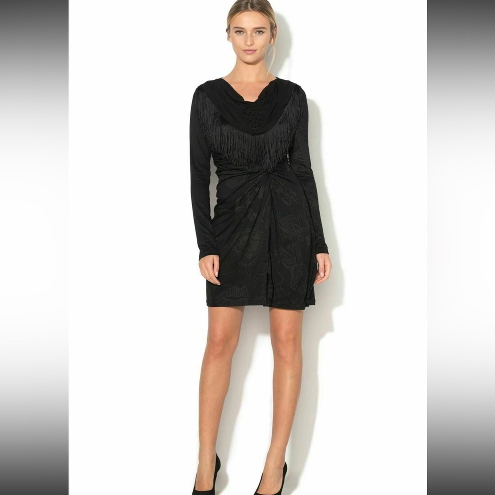 Desigual Black Long Sleeve Fringe Eyelet Gathered Dress Medium
